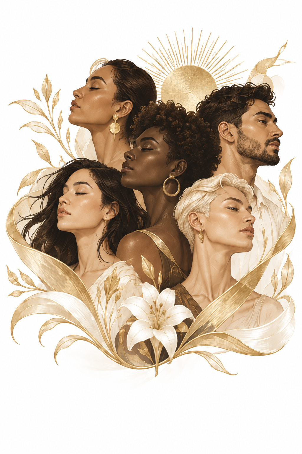 An inclusive editorial illustration of five men and women with diverse skin tones, framed by champagne-gold leaves and ivory lilies