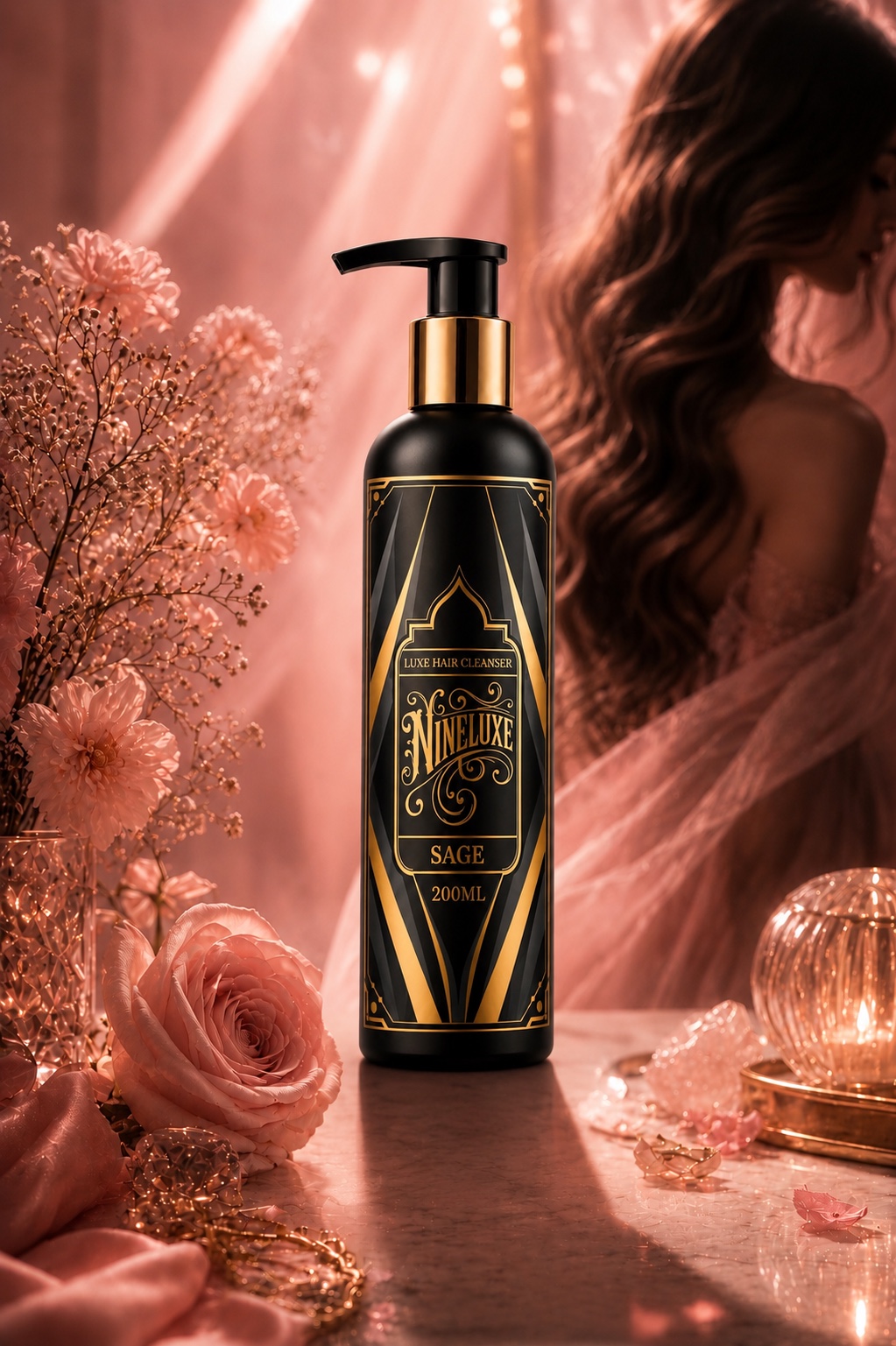 NINELUXE SAGE ritual in a soft rose beauty setting